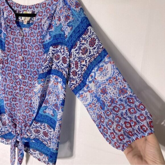 Fig And Flower Blue Red White Multi Print Boho tTie Front Semi Sheer Blouse M - Picture 10 of 15